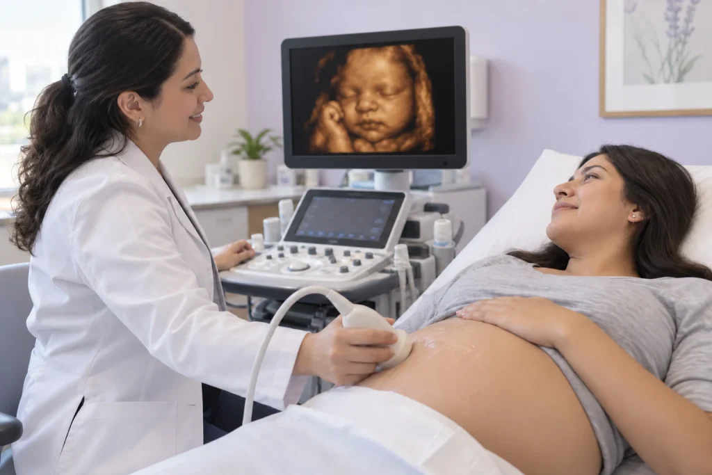 Especialista realizando un ultrasonido estructural con visualización prenatal 4D